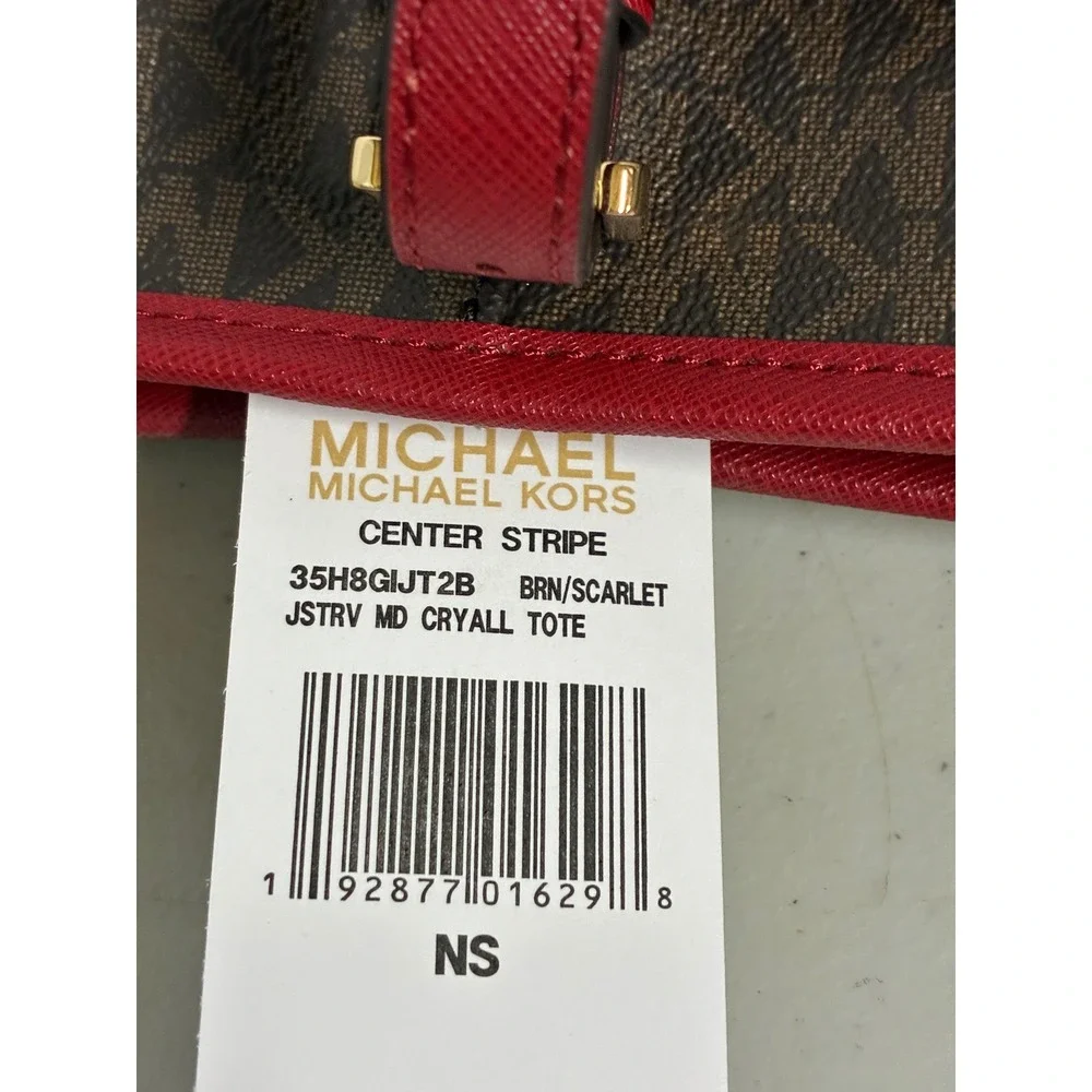 Michael Kors Brown Red Logo Tote Bag Gold‎ Hardware Saffiano Trim Large New